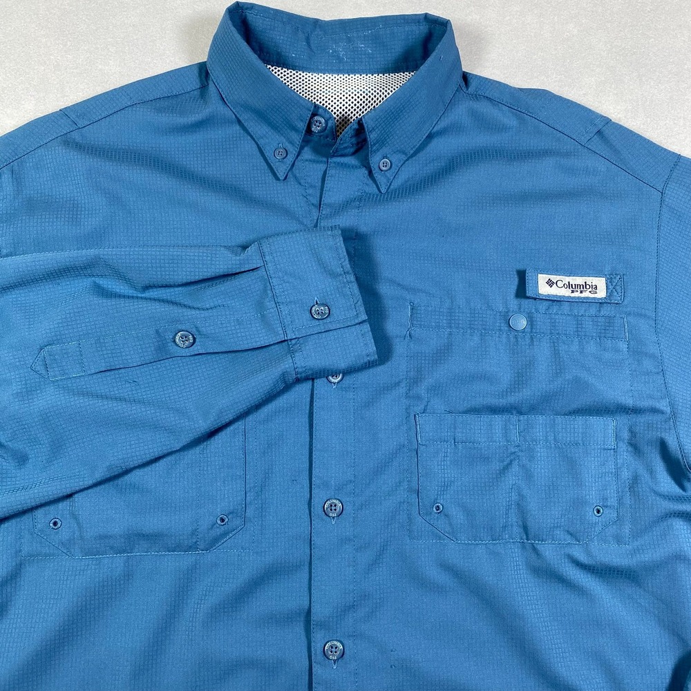 Columbia PFG Fishing Shirt Mens Large Blue Omni Shade Vented Long Sleeve Button